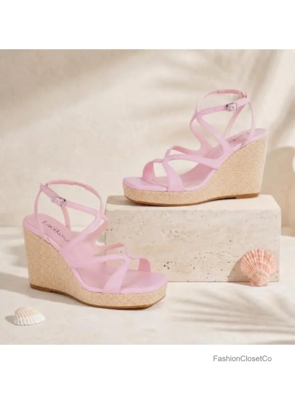 Raffia Wedge Sandals with Ankle Strap, Platform, Cushioned Footbed